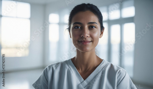 Confident Mid-Age Mexican Female Doctor or Nurse in Clinic Outfit Standing in Modern White Hospital, Looking at Camera, Professional Medical Portrait, Copy Space, Design Template, Healthcare Concept photo