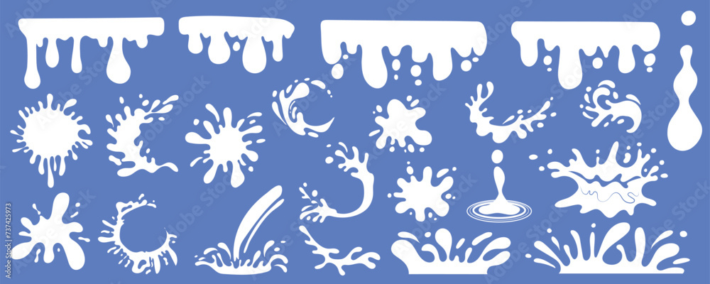 © alexdndz - Milk stain mega set in cartoon graphic design. Bundle elements of splashing white borders with drops, dripping yogurt liquids, round blots, flowing wavy shapes. Vector illustration isolated objects © alexdndz - Milk stain mega set in cartoon graphic design. Bundle elements of splashing white borders with drops, dripping yogurt liquids, round blots, flowing wavy shapes. Vector illustration isolated objects