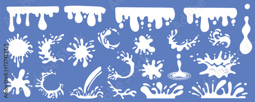 Milk stain mega set in cartoon graphic design. Bundle elements of splashing white borders with drops, dripping yogurt liquids, round blots, flowing wavy shapes. Vector illustration isolated objects