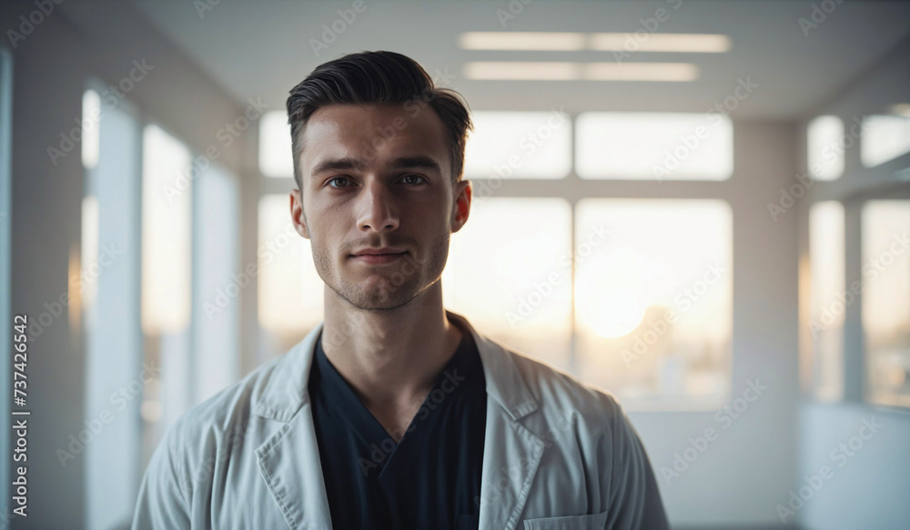 Confident Young Polish Male Doctor or Nurse in Clinic Outfit Standing in Modern White Hospital, Looking at Camera, Professional Medical Portrait, Copy Space, Design Template, Healthcare Concept Confident Young Polish Male Doctor or Nurse in Clinic Outfit Standing in Modern White Hospital, Looking at Camera, Professional Medical Portrait, Copy Space, Design Template, Healthcare Concept