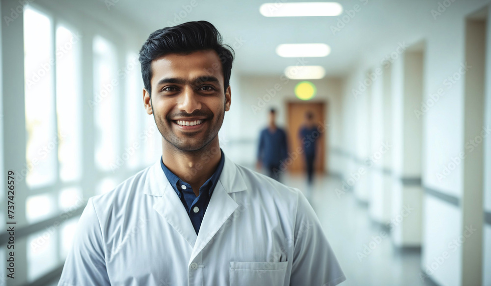 Confident Young Indian Male Doctor or Nurse in Clinic Outfit Standing in Modern White Hospital, Looking at Camera, Professional Medical Portrait, Copy Space, Design Template, Healthcare Concept Confident Young Indian Male Doctor or Nurse in Clinic Outfit Standing in Modern White Hospital, Looking at Camera, Professional Medical Portrait, Copy Space, Design Template, Healthcare Concept