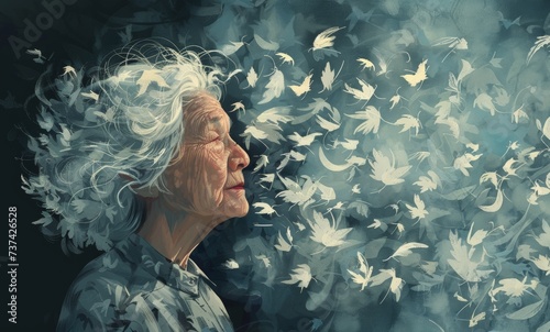 a 60-year-old woman immersed in dementia's mystery. Banner, illustration for World Mental Health Day photo