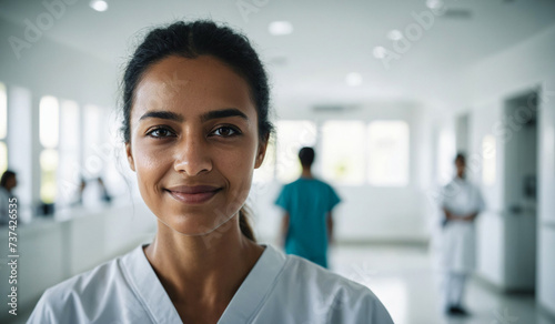 Confident Mid-Age Brazilian Female Doctor or Nurse in Clinic Outfit Standing in Modern White Hospital, Looking at Camera, Professional Medical Portrait, Copy Space, Design Template, Healthcare Concept
