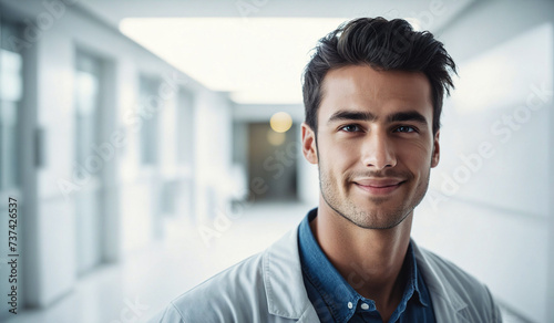 Confident Young American Male Doctor or Nurse in Clinic Outfit Standing in Modern White Hospital, Looking at Camera, Professional Medical Portrait, Copy Space, Design Template, Healthcare Concept © EliteLensCraft