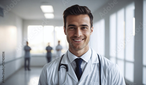 Confident Young American Male Doctor or Nurse in Clinic Outfit Standing in Modern White Hospital, Looking at Camera, Professional Medical Portrait, Copy Space, Design Template, Healthcare Concept