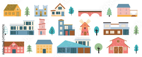 Village buildings mega set in cartoon graphic design. Bundle elements of cute suburban houses, barn, mill, bridge, trees and other architecture constructions. Vector illustration isolated objects