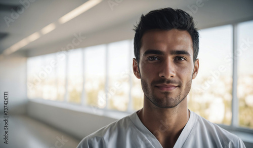 Confident Young Spanish Male Doctor or Nurse in Clinic Outfit Standing in Modern White Hospital, Looking at Camera, Professional Medical Portrait, Copy Space, Design Template, Healthcare Concept
