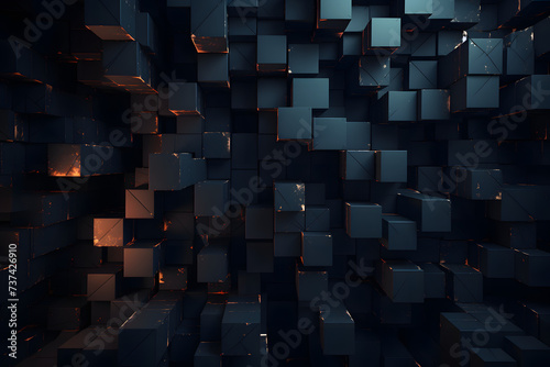 Abstract dark background with intricate geometric blocks and a 3D rendering effect. Generative AI,