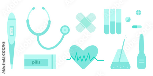 Set of medical supplies isolated on a white background. In a flat style. Thermometer  patch  pills  phonendoscope  test tubes. Vector graphics