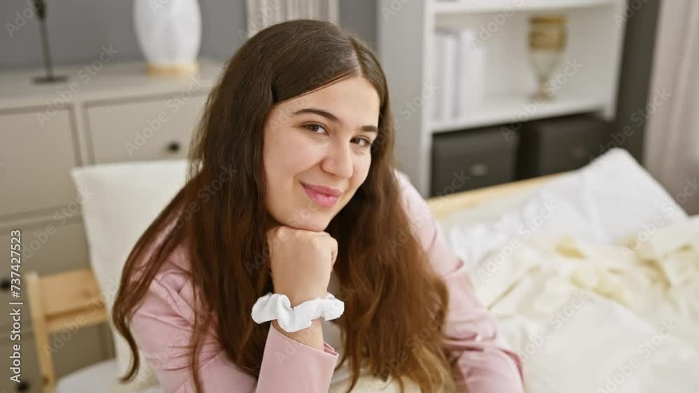A beautiful, young hispanic woman poses indoors, smiling in her bedroom with a blurred background of home decor. A beautiful, young hispanic woman poses indoors, smiling in her bedroom with a blurred background of home decor.