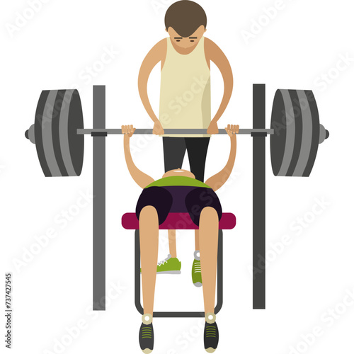Man doing bench press using barbell with trainer help vector icon isolated on white