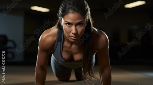 Woman Doing Push Ups in Gym. Generative AI.