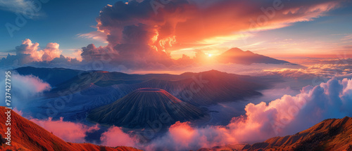Panorama of Sunrise at volcano Bromo  Java island  Indonesia. Panoramic aerial view generative ai