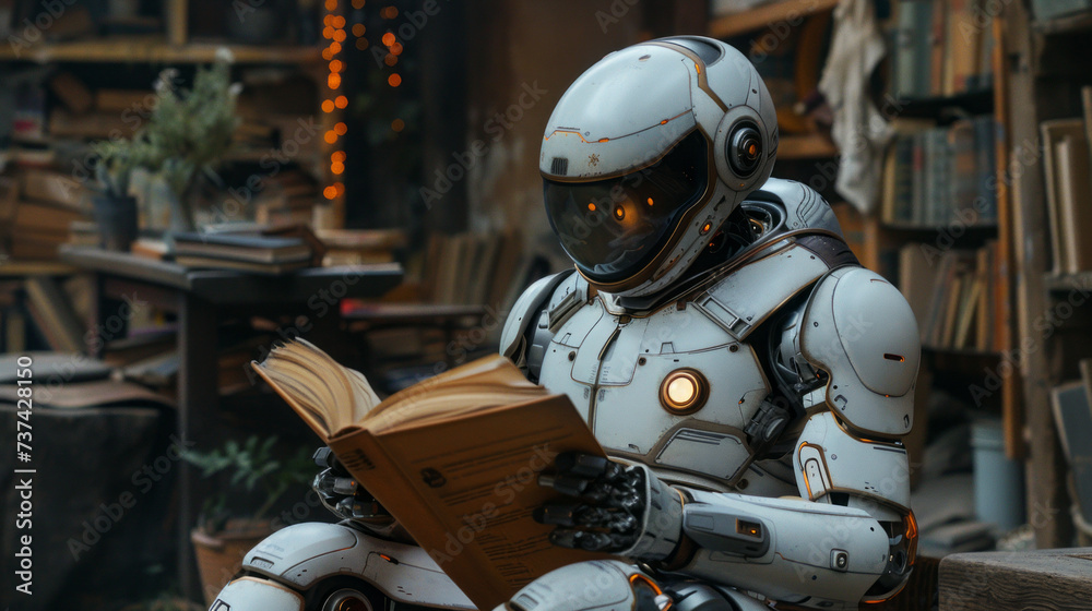 humanoid robot engrossed in reading a book in a cozy interior setting. Learning concept,generative ai humanoid robot engrossed in reading a book in a cozy interior setting. Learning concept,generative ai