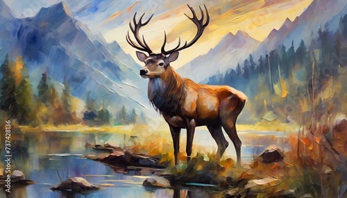 Oil painting of wild deer, beautiful mountain landscape and forest on backdrop. © hardvicore