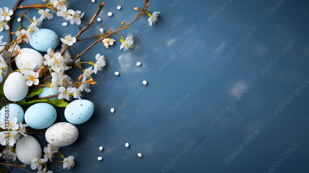 Happy Easter; Easter eggs and natural sprig flowers on blue table background