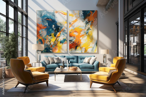 Picture the cheerful atmosphere of a space adorned with blue and yellow chairs, creating an understated elegance against a blank canvas. photo