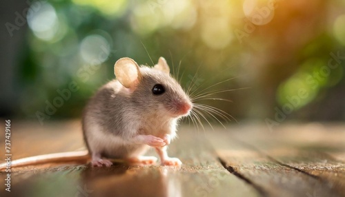 Tiny mouse on wooden floor. Small rodent. Soft focus and bokeh background. © hardvicore