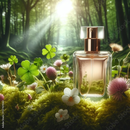 Fragrance Reverie: Perfume Bottle Mockup Amidst Clover and Sunbeams