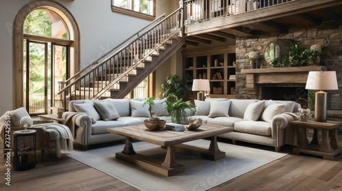 Step into a serene farmhouse-inspired living room, where a wooden staircase adds character to the space. 