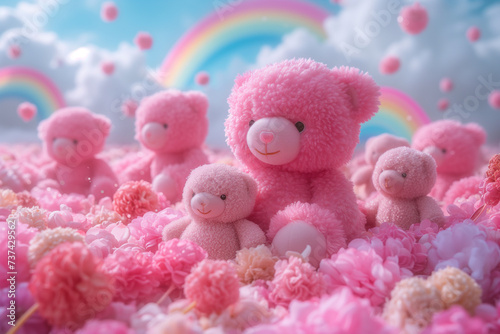 Whimsical teddy bears in a dreamy pink floral setting Generative AI image