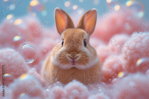 Charming bunny surrounded by soft clouds and bubbles Generative AI image photo