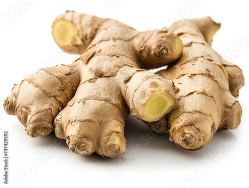 A fresh ginger root, vibrant and aromatic, stands isolated against a crisp white background, epitomizing natural health and culinary versatility.