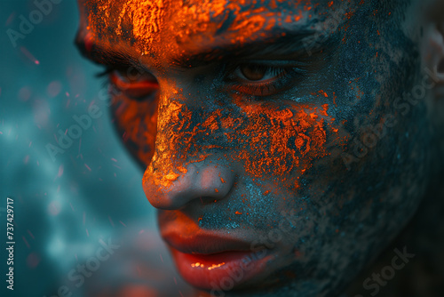 Mystical man with vibrant face paint in ethereal light Generative AI image photo