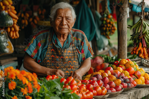 Elderly vendor selling fresh produce at a local market Generative AI image photo