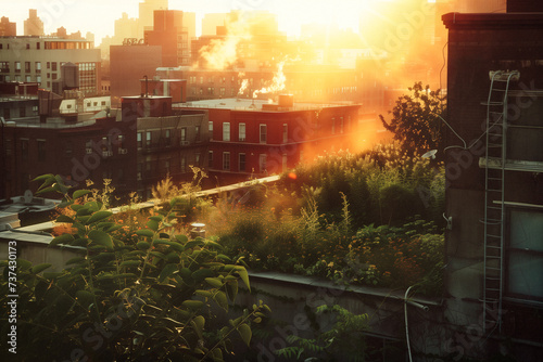 beautiful nostaligic urban rooftop garden in the summertime with flowers and lush greenery photo