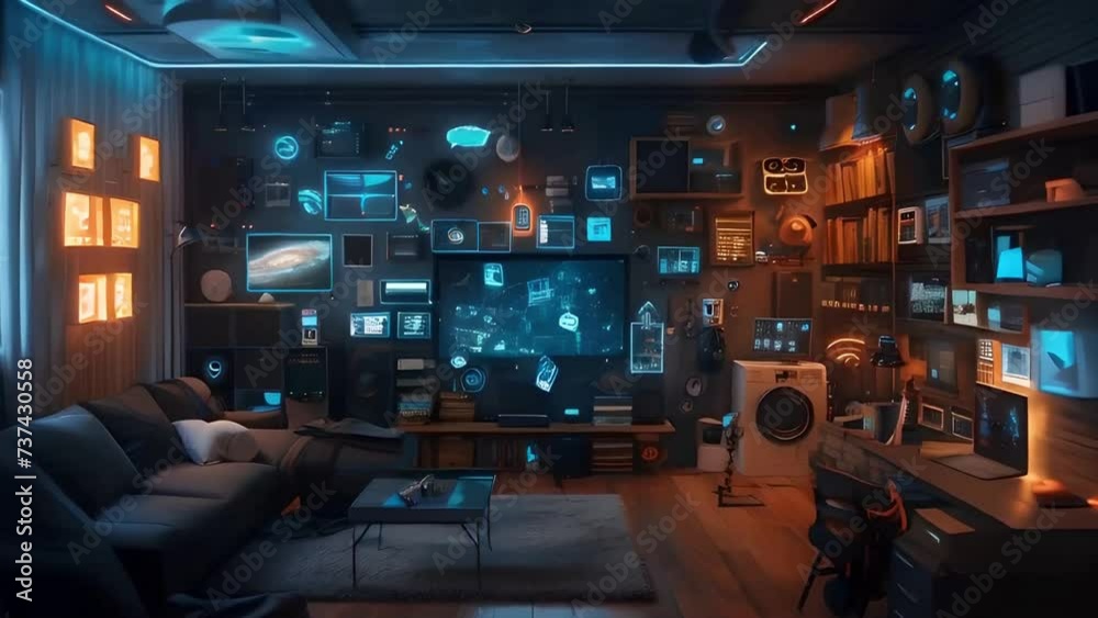 futuristic living room with different electronic gadgets, smart home concept