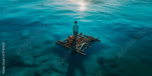 Homme debout sur un radeau au milieu de l'océan photo