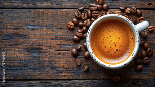 Coffee cup and coffee beans on wooden background. Top view.