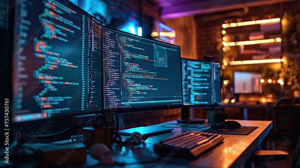 A cozy programmer's workspace illuminated by neon lights, showcasing screens with programming code in a warm, inviting atmosphere. A cozy programmer's workspace illuminated by neon lights, showcasing screens with programming code in a warm, inviting atmosphere.