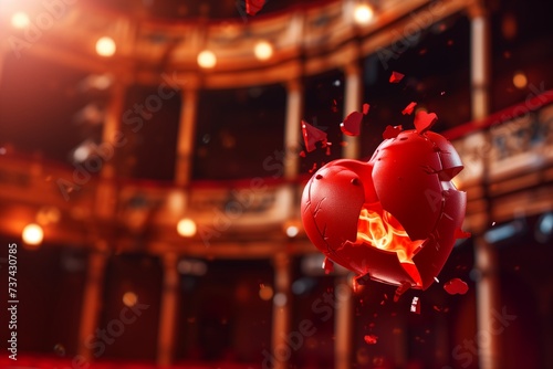 A red heart, broken into smoldering pieces, set against a blurred backdrop of a grand, classical theater. The theatrical lighting intensifies the drama of the heart's fiery demise.