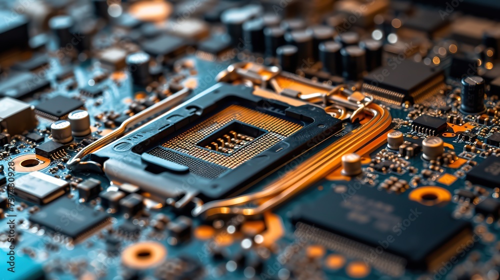 Detailed close-up of a computer motherboard featuring the central processing unit socket, capacitors, and circuitry. Detailed close-up of a computer motherboard featuring the central processing unit socket, capacitors, and circuitry.