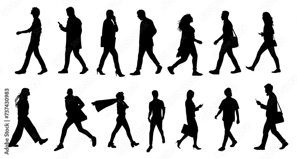 Silhouettes of business people walking, men and women full length side view. Vector monochrome illustration isolated black on transparent background . Avatar, icons for website.