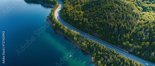 Scenic Aerial View of a Serpentine Road Winding Through Lush Green Forest by a Tranquil Blue Lake