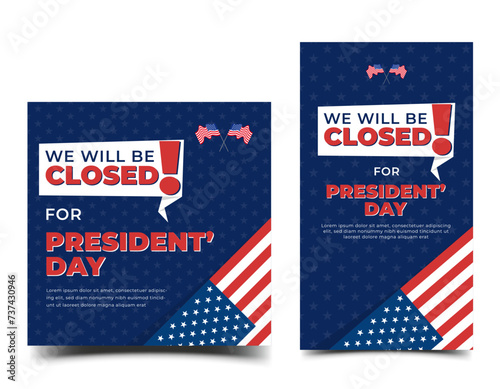 We will be closed for president day store closed announcement template for social media post and story