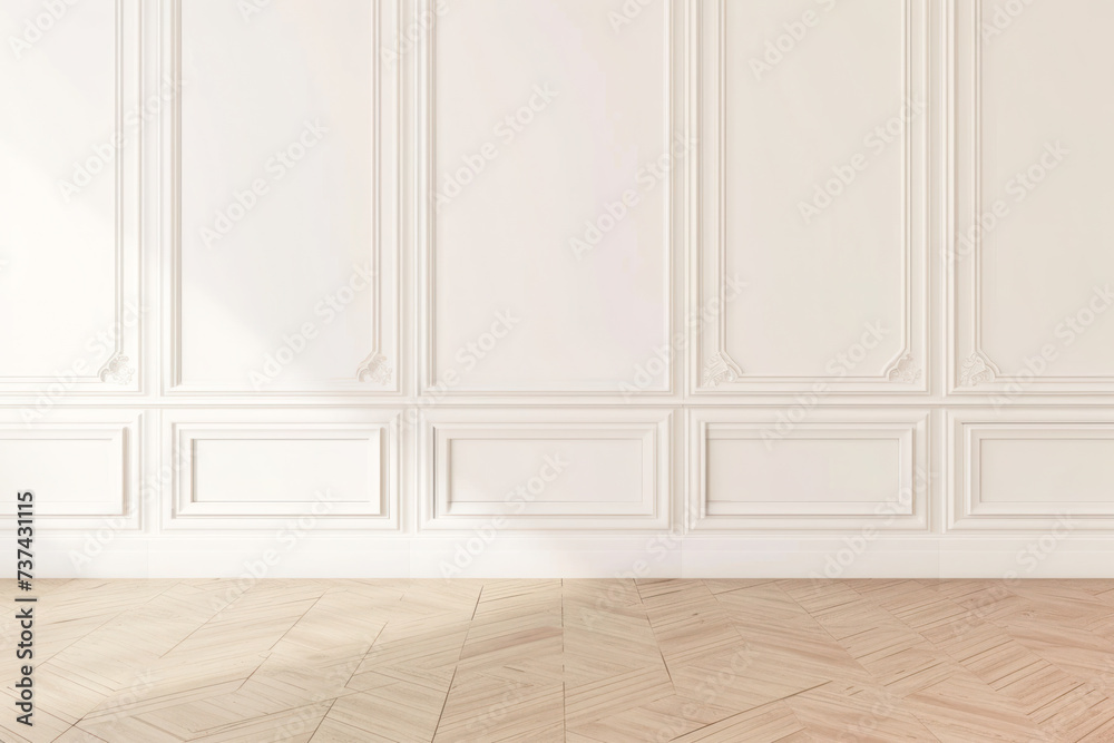 White mock-up blank room with white walls and beige color parquet floor. White mock-up blank room with white walls and beige color parquet floor.