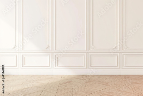White mock-up blank room with white walls and beige color parquet floor.