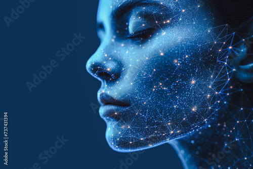Futuristic digital human face with cosmic particles Generative AI image photo