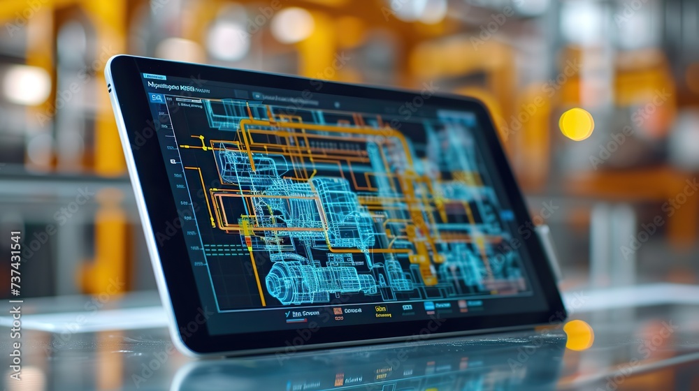 A tablet displaying intricate industrial plant design schematics, set against the backdrop of an actual manufacturing environment. - obrazy, fototapety, plakaty 