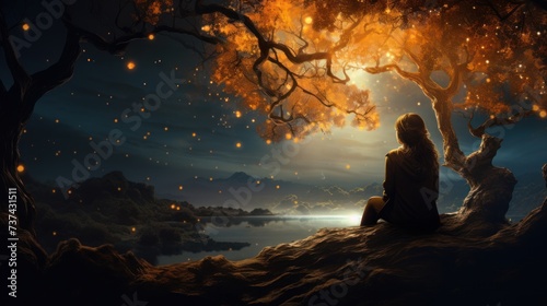 A woman sits under a tree, watching the stars above a lake.