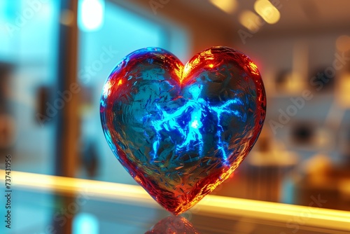 A blue and red heart, each side ablaze, set against a blurred backdrop of a modern art gallery.
