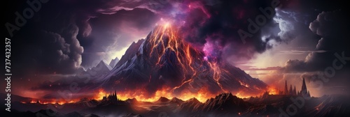 A towering mountain erupting with molten lava, spewing flames and smoke into the air.