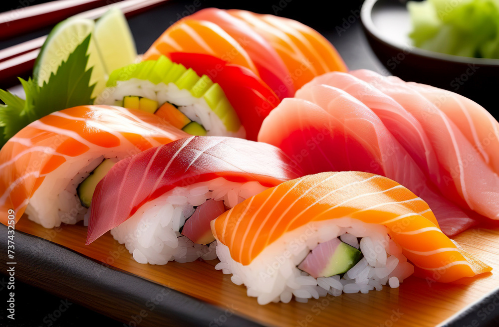 Traditional Japanese nigiri sushi with salmon. Generated AI Traditional Japanese nigiri sushi with salmon. Generated AI