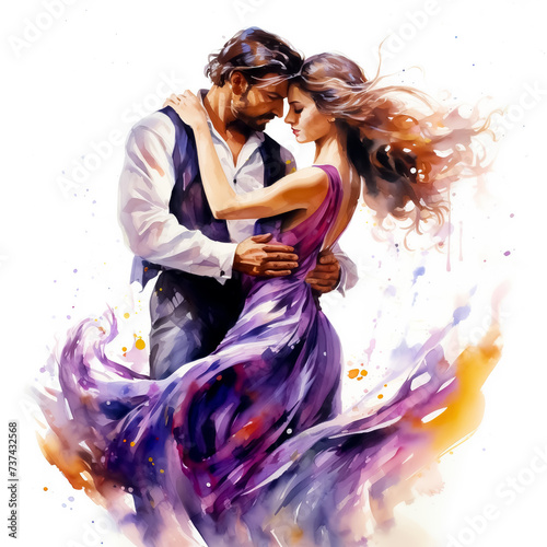 A passionate dance of a couple in love. Watercolor painting on white background.