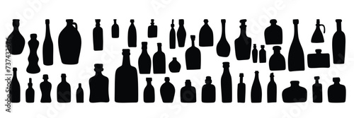 Large set of silhouette bottles isolated on white background. Hand drawn vector art.