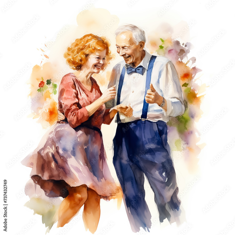 An elderly loving couple dances selflessly, remembering their youth. Watercolor painting on white background.